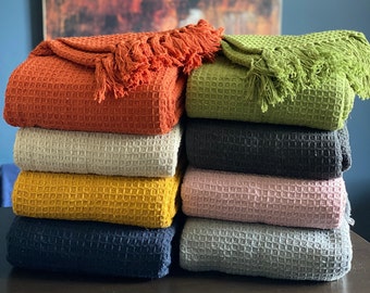 100% Cotton Plain Waffle Honeycomb Large Sofa Blankets Throws Fringed Soft - 8 Colours