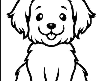 May include: A black and white line drawing of a cartoon dog sitting with its tongue sticking out.