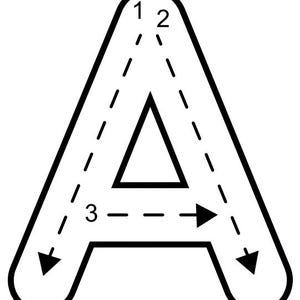 Op de afbeelding: Zwart-witte lijntekening van de letter A met de nummers 1, 2 en 3 die de volgorde aangeven om de letter te traceren.