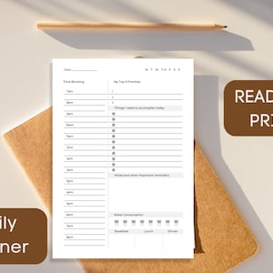 Undated Daily Planner Printable, Daily Printable Inserts, Time Blocking Template, Work Day Schedule, A5 Planner Inserts, A4, Letter, PDF