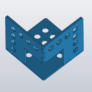 May include: A blue L-shaped corner bracket constructed from flat panels with interlocking joints. The structure features multiple circular cutouts arranged in rows along the vertical sides and a square base with a single circular hole.