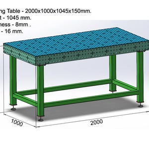Può includere: Un tavolo da saldatura blu con una griglia di fori, supportato da un telaio in metallo verde. Il testo indica dimensioni di 2000x1000x1045x150mm, un'altezza di 1045 mm, uno spessore di 8mm e fori da 16 mm. Icona file DXF presente.