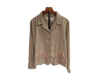 Alfred Dunner Stunner Taupe Floral grandmacore embroidered Button Up Top 14