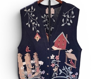 Vtg 90s Christopher & Banks Navy Blue Hand Knit Birdhouse Garden Sweater Vest L