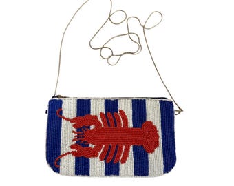 Fragonard Beaded Lobster Crossbody Bag Blue White Striped Nautical purse preppy