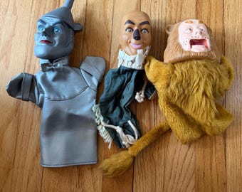 Vintage 1988 Wizard of Oz Hand Puppets Tin Man Scarecrow Cowardly Lion Set 3