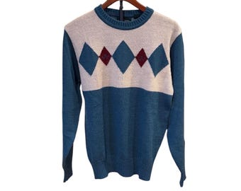 Vtg 80s Boundary Waters Mens Argyle Crewneck Sweater Teal Blue Tan Burgundy Sz M
