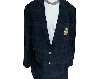 Vtg Lauren Ralph Lauren 90s Blackwatch Wool cashmere Plaid Crest Blazer Sz 14W