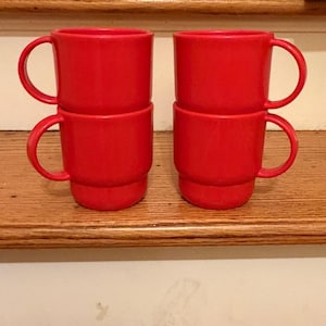Vintage Tupperware Red Stacking Mugs Set of 4 Plastic Cups Made in USA Retro