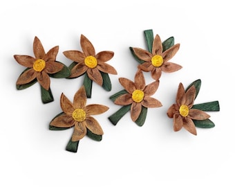 Vintage 1970s Set Of 6 Flower Napkin Rings Green Yellow Brown Burlap Retro Sharp