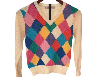 Vtg 80s Esprit Sport Harlequin Diamond Knit V-Neck Sweater Multicolor fits XS