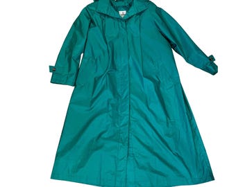 Vintage J. Gallery Petite Hooded Rain Coat Belted Full Length Teal Green Sz 16 P