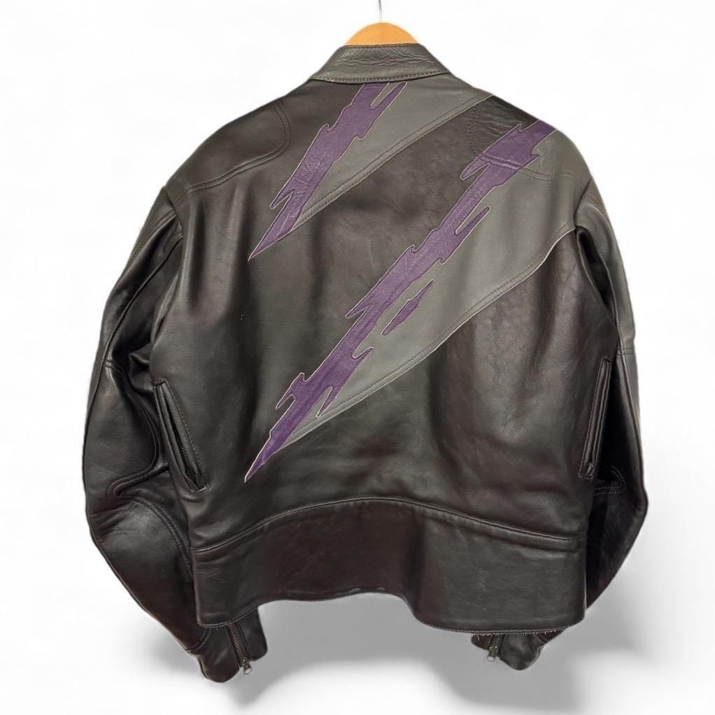 Vtg Vanson Leathers Motorcycle Jacket Black Gray Purple Lightning