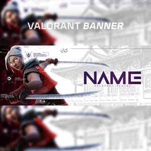 May include: A Valorant banner featuring a female character with white hair and red clothing holding a katana sword. The banner has a white background with a Japanese-style building in the background. The text "NAME VALORANT PLAYER" is displayed in purple on the banner.