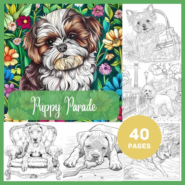 Puppyparade: digitaal kleurboek (PDF + PNG) - 40 pagina's