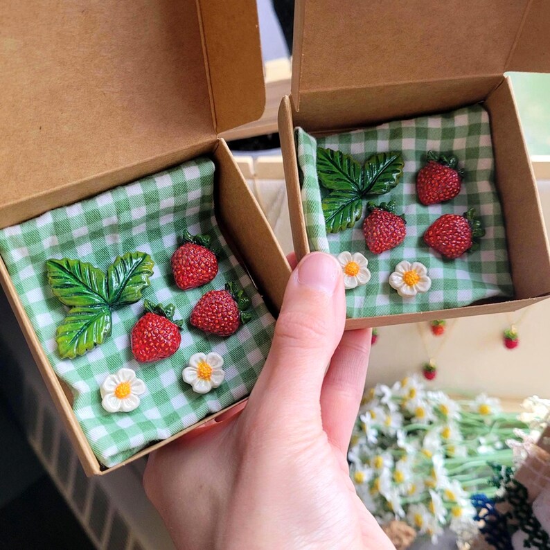 Strawberry Magnets, Set of 5 Hand Painted Clay Magnets, Fruit Themed Housewarming Gift for Gardeners and Gardening Lovers, Cottagecore Decor