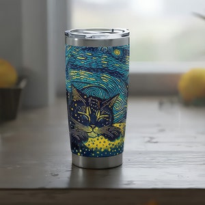 20oz Vagabond Tumbler Van Gogh Starry Night inspired Black Cat Sleeping Under the Stars, Moon and Stars, Drinkware