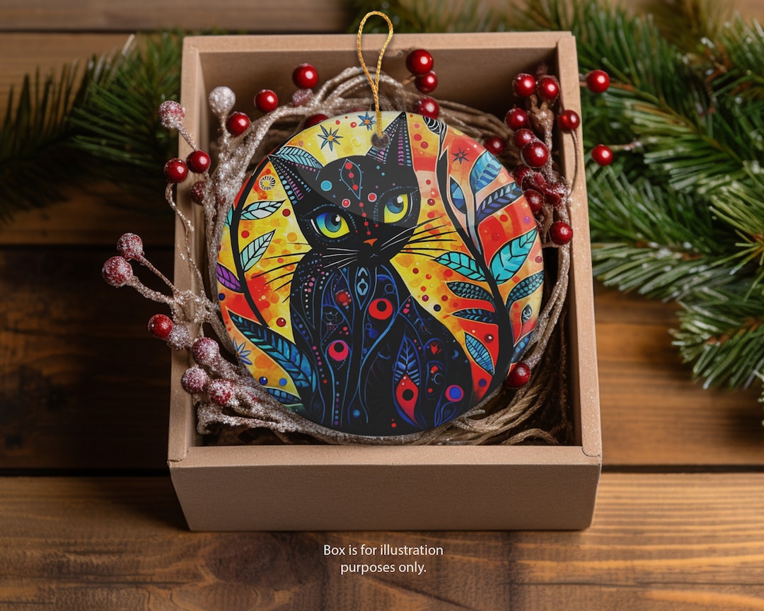 Vibrant Black Cat Ornament, Ceramic Tree Decoration, Colorful Art for