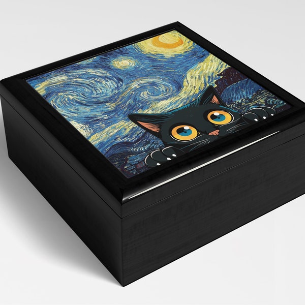 Starry Night with Black Cat Peeking Over Jewelry Box, Van Gogh Inspired, Cats in Odd Places, Starry Night Lover, Trinket Box, Treasure Box