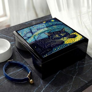 Starry Night Cat Jewelry Box: Ceramic Tile Keepsake Box