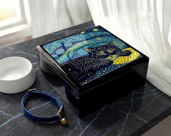 Starry Night Cat Jewelry Box: Ceramic Tile Keepsake Box