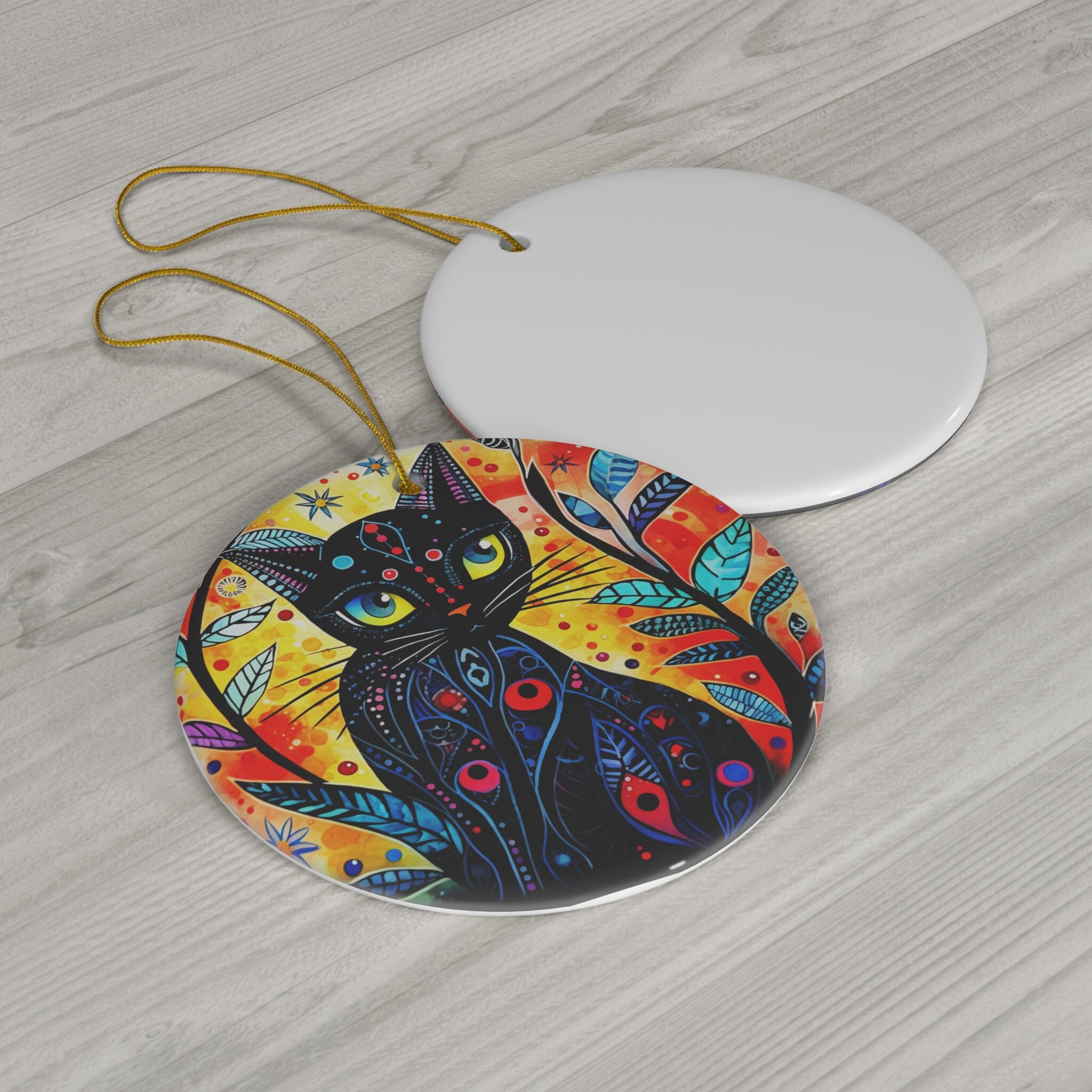 Vibrant Black Cat Ornament, Ceramic Tree Decoration, Colorful Art for