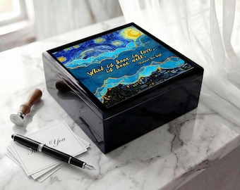 Van Gogh Starry Night Jewelry Box: Love Quote Ceramic Tile, Celestial Decor