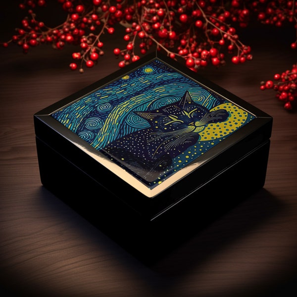 Wooden and Ceramic Black Cat Sleeping Under the Stars Memorial Box, Starry Night inspired, Keepsake, Trinket Box, Jewelry Box, Cat Lady Gift