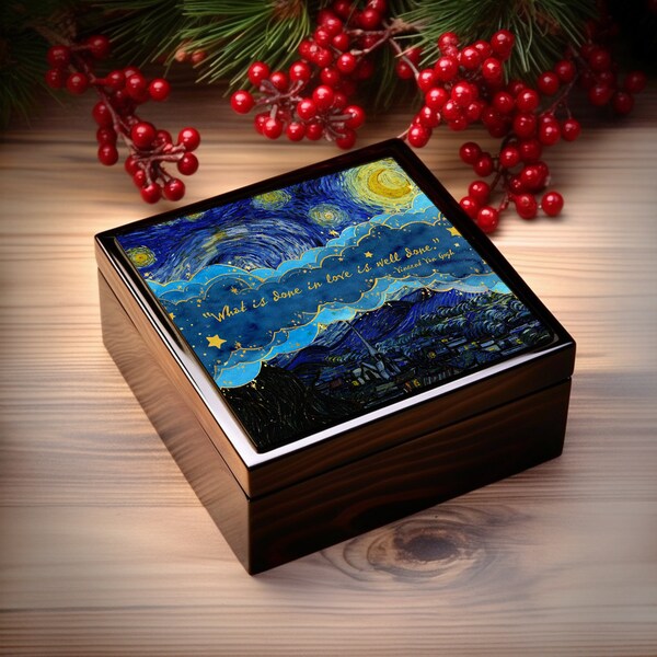 Van Gogh Love Quote Wooden and Ceramic Jewelry Box,  Starry Night, Celestial, Moon and Stars, Gift for Her, Trinket Box