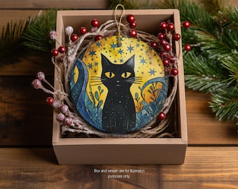 Celestial Black Cat Ornament, Kitty Lover gift, Non Traditional Tree Decoration, Unique Christmas Gift Idea, Moon and Stars, Whimsical Gifts