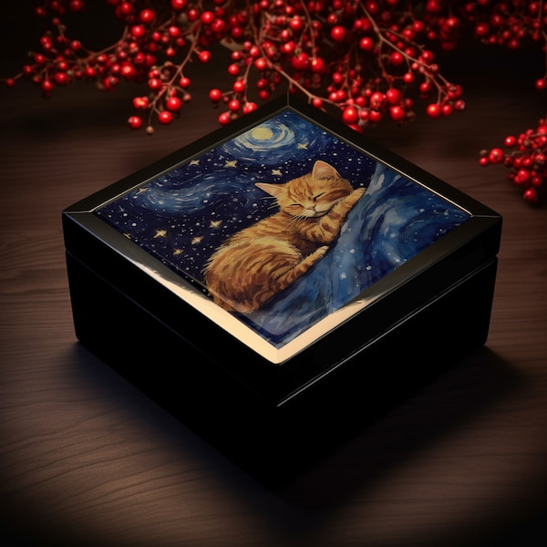 Sleeping Orange Tabby Solid Wood and Ceramic Customizable Box, Van Gogh Starry Night Style, Pet Memorial, Personalized, Trinkets, Jewelry