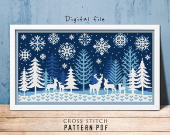 Winter forest cross stitch pattern PDF Deer primitive Sampler pattern Snowflakes xstitch Simple embroidery Counted cross stitch chart