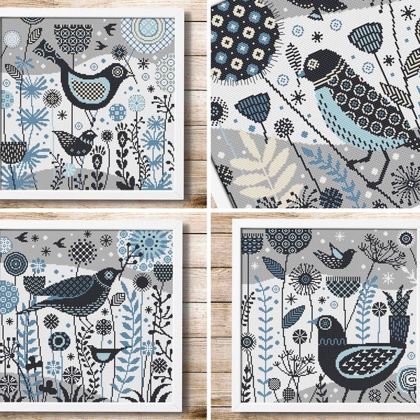 Scandinavian cross stitch bird Set of 4 Nordic cross stitch pattern Primitive cross stitch chart Easy stitching Winter sampler Digital PDF