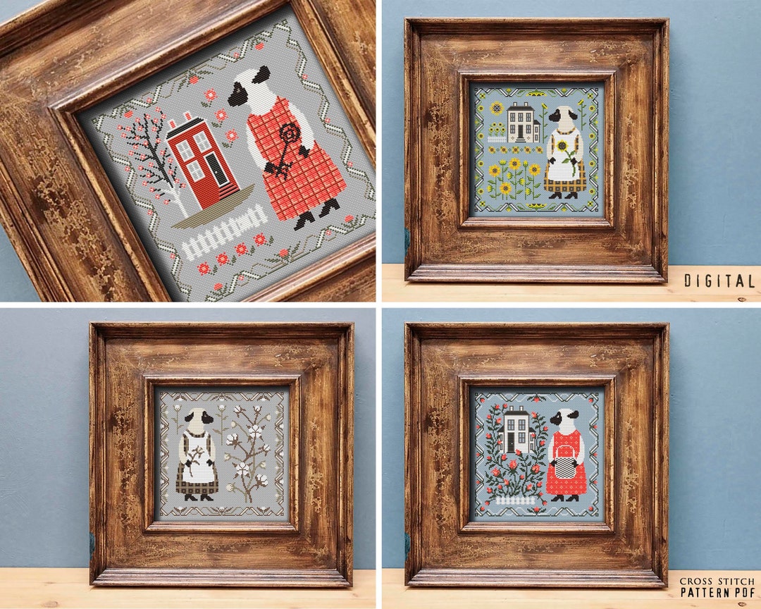 Cute Sheep Sampler Cross Stitch Set of 4 Primitive Embroidery Simple ...