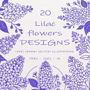 Lot de 20 lilas SVG | Clipart botanique fleur lilas | Silhouettes florales dessinées à la main pour la Cricut, la découpe laser, la sublimation et le bricolage