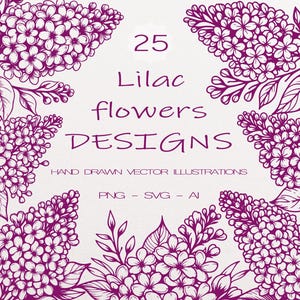 Paquete de 25 SVG de flores lilas, imágenes prediseñadas florales botánicas lilas para Cricut, silueta lila, sublimación lila, proyectos de manualidades digitales lilas