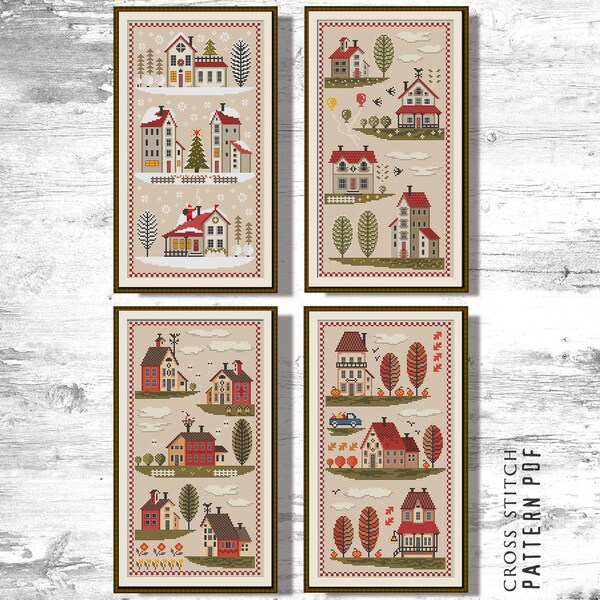 Cross stitch pattern sampler 4 seasons Village embroidery Set Home counted cross stitch chart House stitching Country xstitch Digital PDF