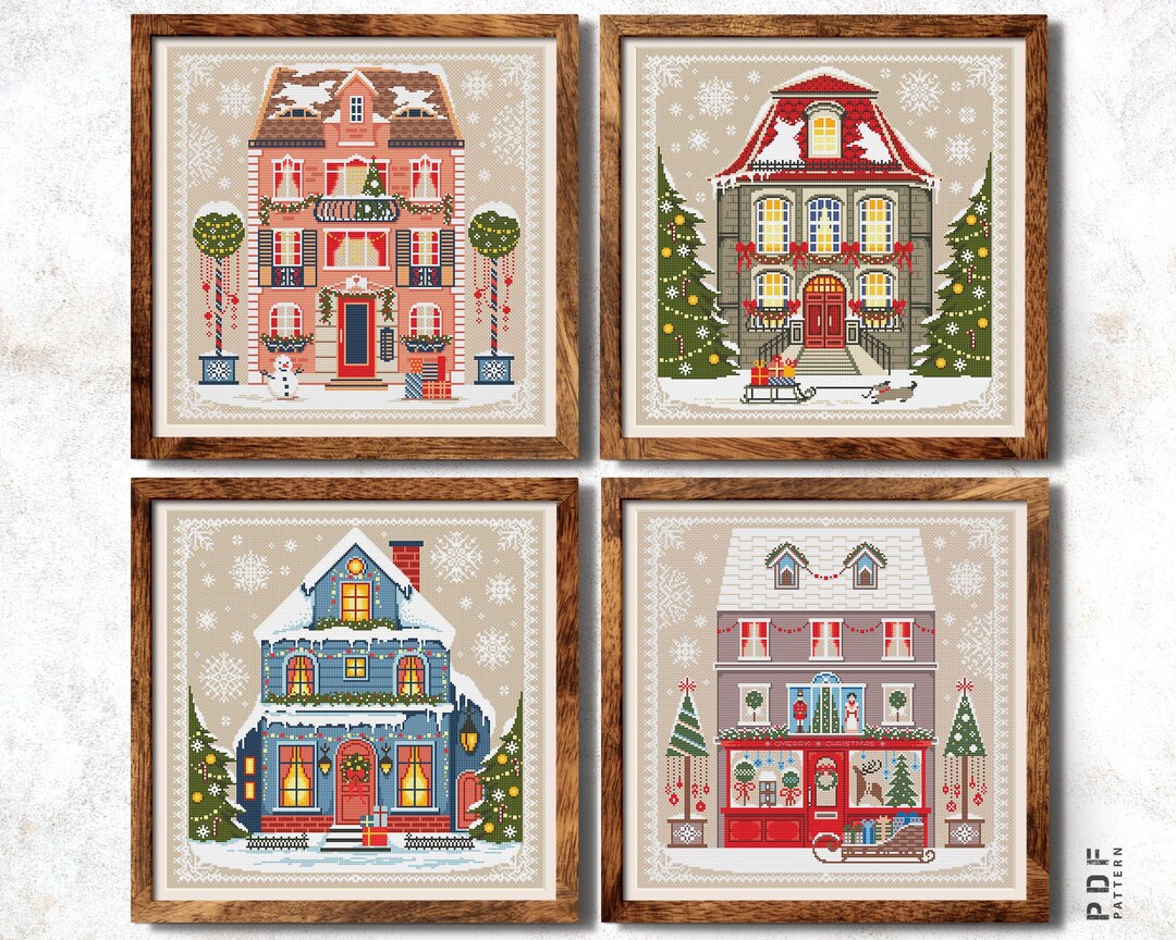 Winter Cross Stitch Pattern Set of 4 Christmas House Cross Stitch Chart