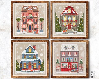 Winter cross stitch pattern Set of 4 Christmas house cross stitch chart Easy cross stitch Holiday embroidery Instant download PDF