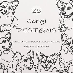 25 Pembroke Welsh Corgis SVG & PNG Clipart Bundle: Digitale Linie Kunst, minimalistische Vektorhundezeichnung für Sublimationshundeliebhaber Digitaler Download