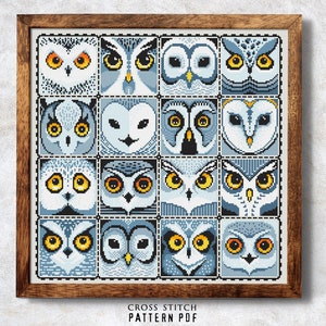 Owls cross stitch pattern PDF Owl sampler cross stitch chart Wildlife Blue owls collage Modern stitching Simple embroidery Instant download