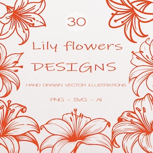 30 Lily SVG, contorno lily svg, Flores Line Art SVG, Floral SVG, Flores de casamento clipart, Botânica svg, lily Flores line art, Floral clipart
