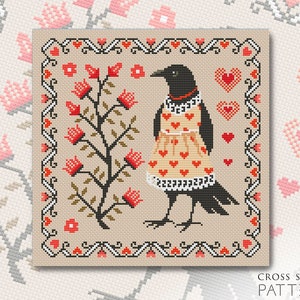 Cross stitch pattern Crow sampler Cute primitive embroidery Hearts cross stitch Simple stitching Counted cross stitch chart Floral sampler
