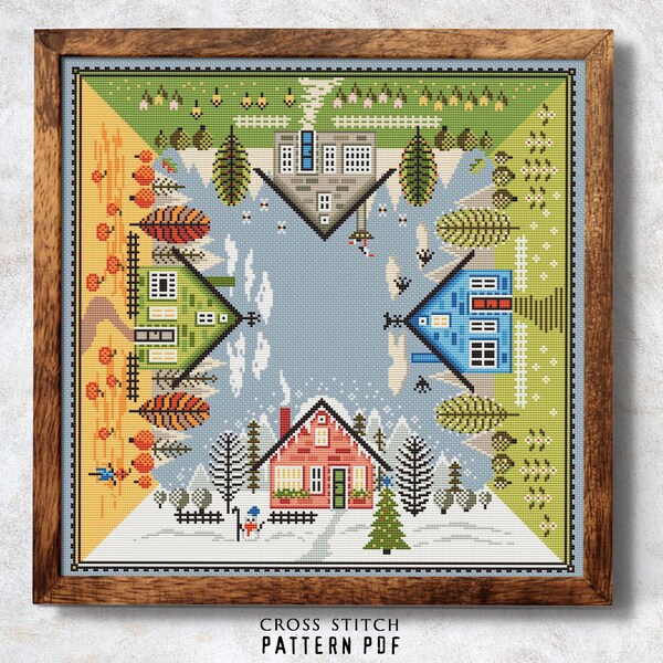 4 seasons cross stitch pattern 4 in 1 Village house cross stitch Easy cross stitch chart Winter Spring Summer Autumn PDF Instant download