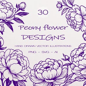 30 Pfingstrose Linie Art, Pfingstrose SVG, botanische Clipart svg, Hand gezeichnete Pfingstrosenblumen, botanische Linie Kunst PNG, SVG Blumen, Hochzeitsblumen