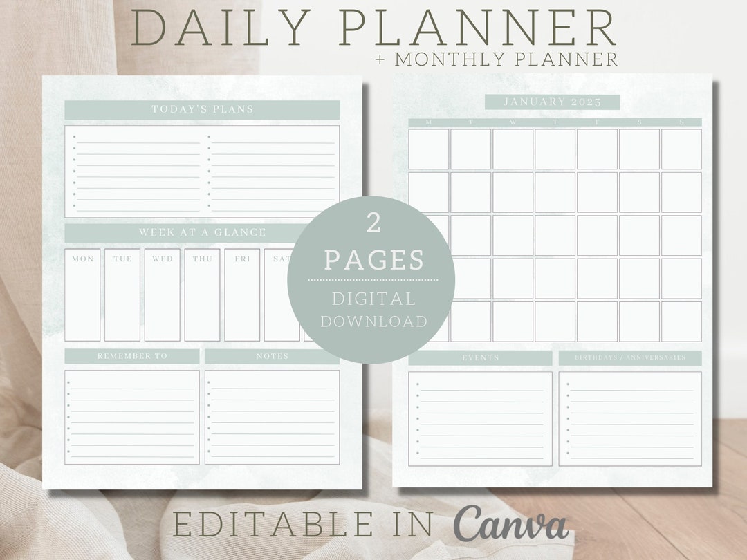 Daily Monthly Planner EDITABLE Template | Digital Calendar Template