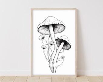 Black and White Mushroom Illustration Artwork, Nature Inspired Detailed Fungi Drawing, Elegant Home Wall Decor, Botanical Sketch