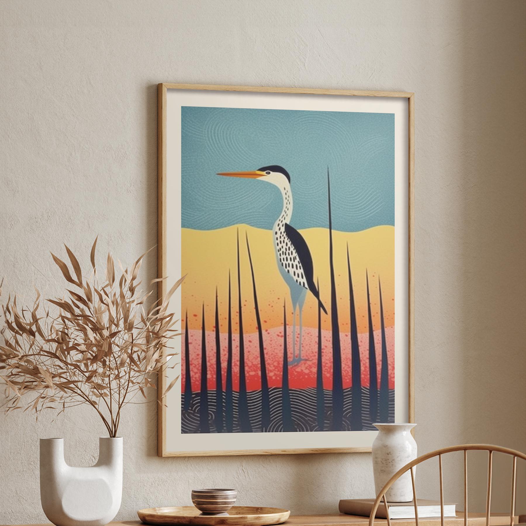 Reiher-Poster • Vogel-Kunst • Vogelmalerei • Gerahmter Vogel-Druck • Vintage Vogel Bild • Vintage Vogel Zeichnung • Boho-Vogel-Poster