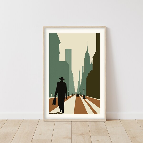 Vintage Style Cityscape Art Print, Retro Urban Poster, Minimalist City Illustration, Art Deco Inspired Home Decor, Unique Office Wall Art