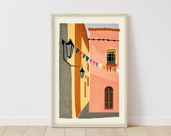 Charming European Street Illustration, Colorful Mediterranean Alleyway Art, Rustic Urban Decor, Travel Inspired Wall Art